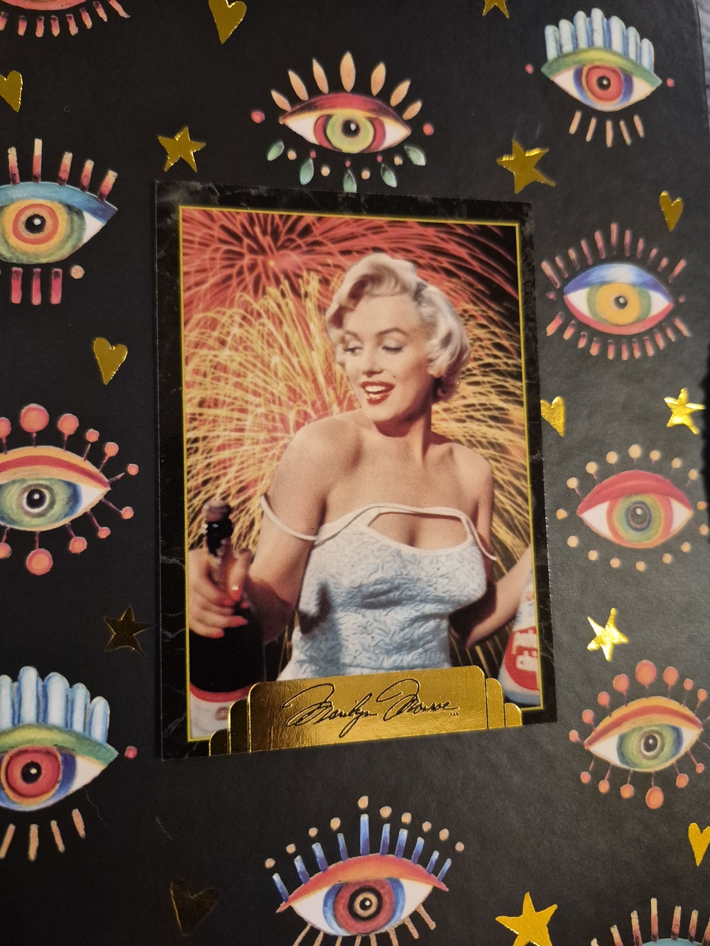 Marilyn Monroe Black Card with Gold Foil and Multicolor Eye Motifs